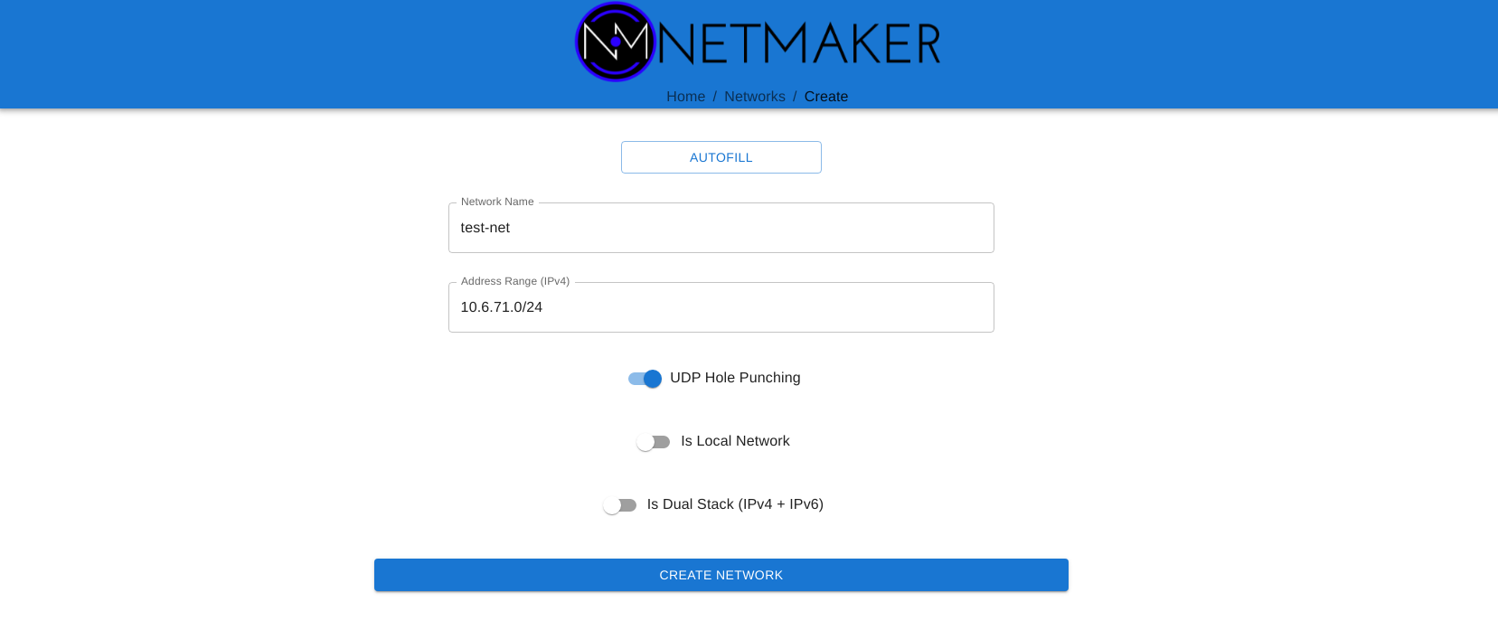 Create Network Screen